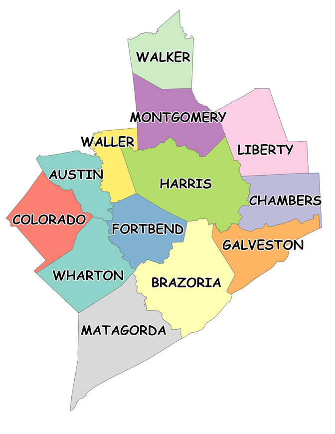 Map of Harris County and surrounding Texas counties