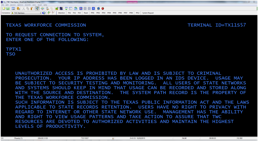 Step 1: The TWC Mainframe Security Notification screen leads to the Logon screen