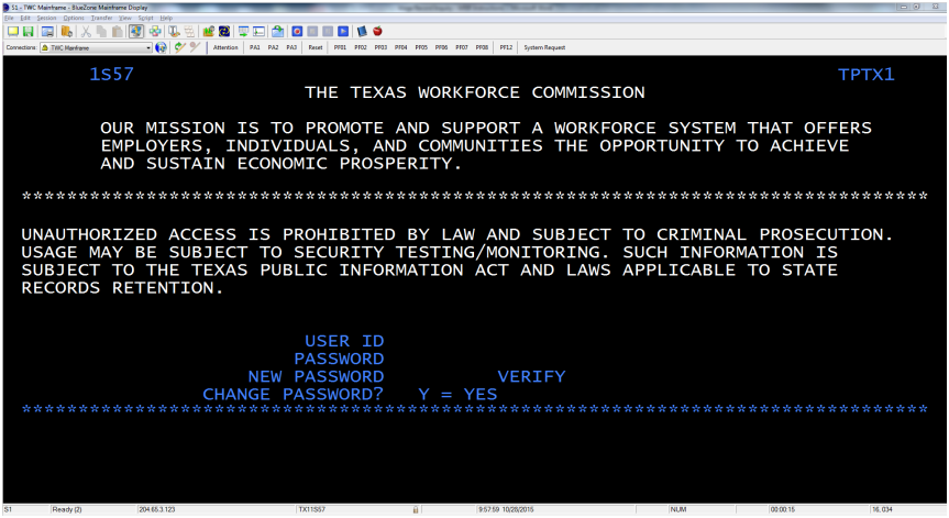 Step 2: Enter User ID and Password in the TWC Mainframe Logon Screen to access the Application Selection Screen